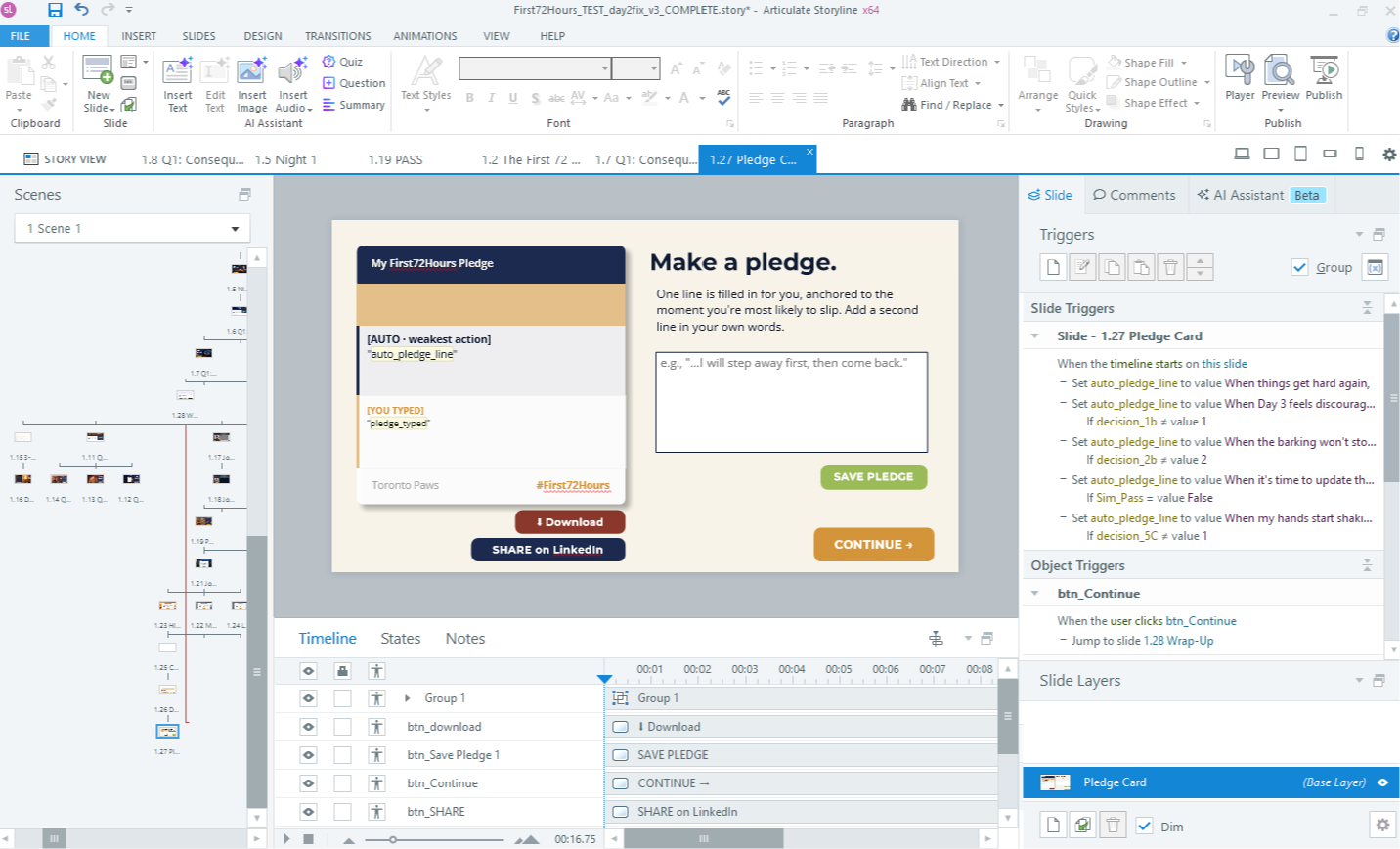 The Storyline 360 editor on the 1.27 Pledge Card slide: a 'Make a pledge' screen with a pre-filled auto pledge line, a free-text box for the learner's own line, Save Pledge, Download, and Share on LinkedIn buttons — and slide triggers setting auto_pledge_line from the learner's decisions.